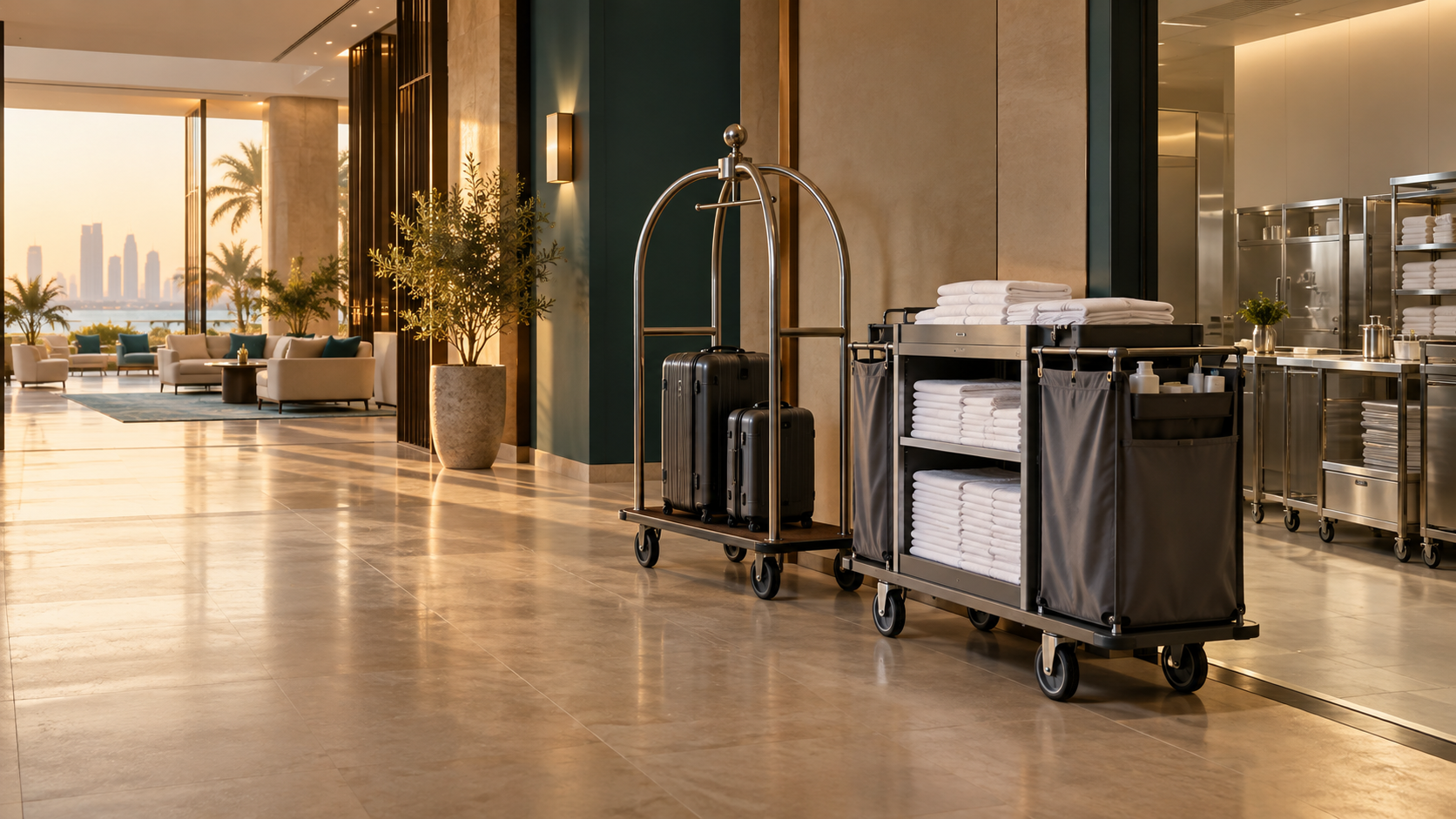 Hotel operations with housekeeping and stainless-steel back-of-house equipment